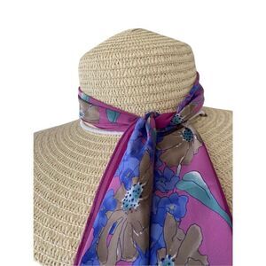 NWT Straw Hat with Purple Scarf and tie